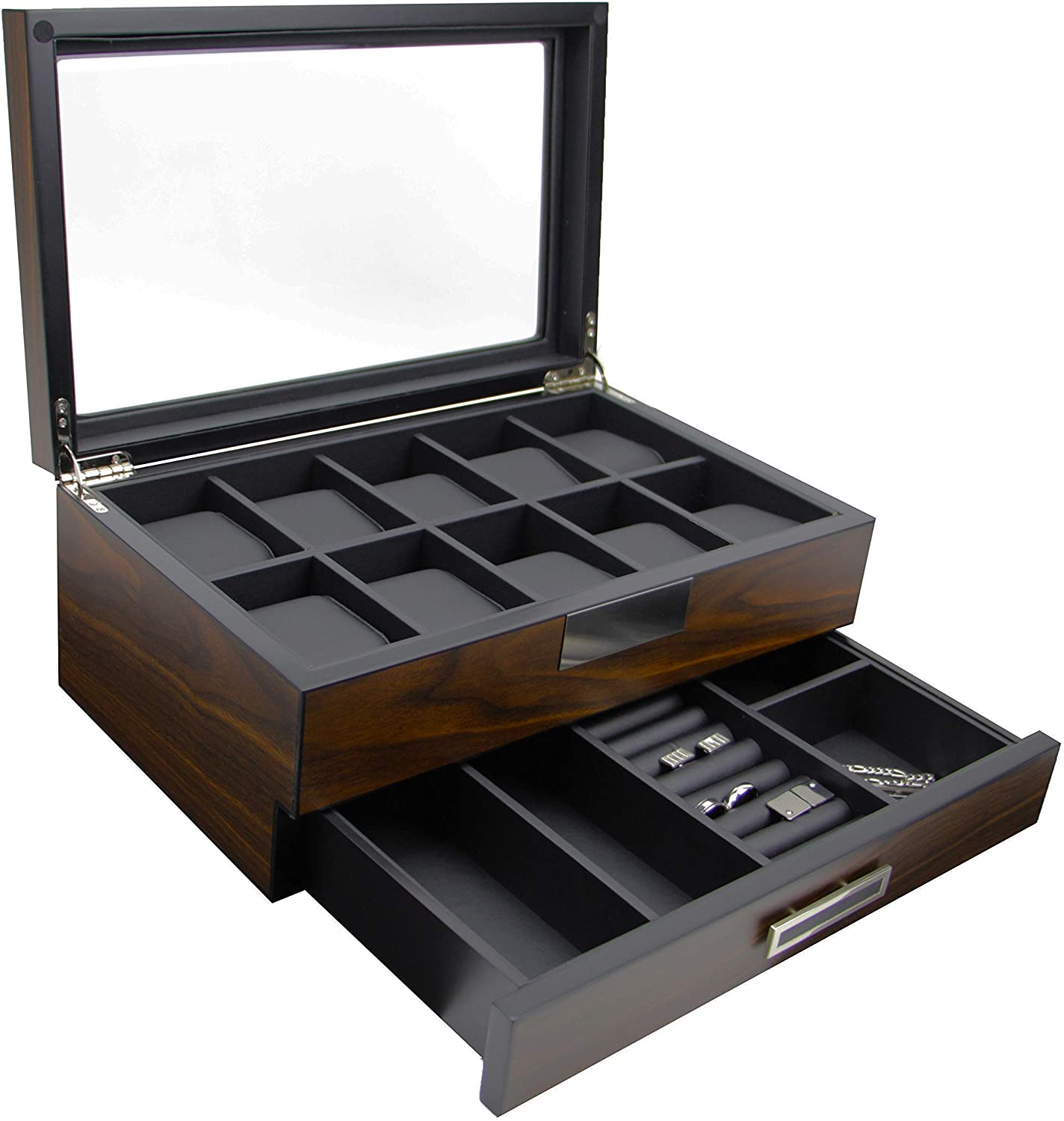 Ikkle Wood Jewelry Box for Male, Luxury Glass Top Men's Jewelry Organizer 