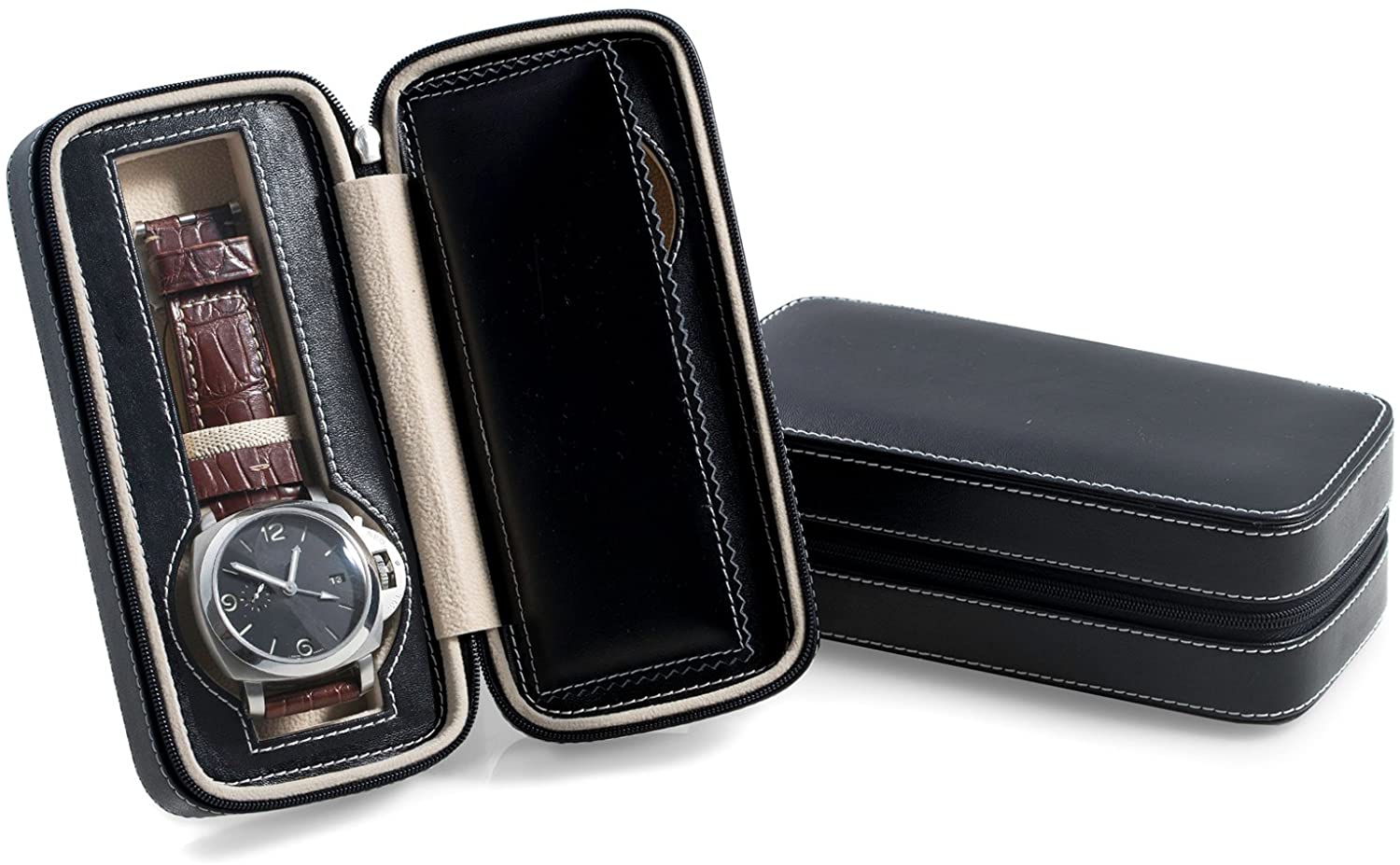 Bey-Berk Black Leather 2 Watch Travel Case with Compartments and Zipper Closure