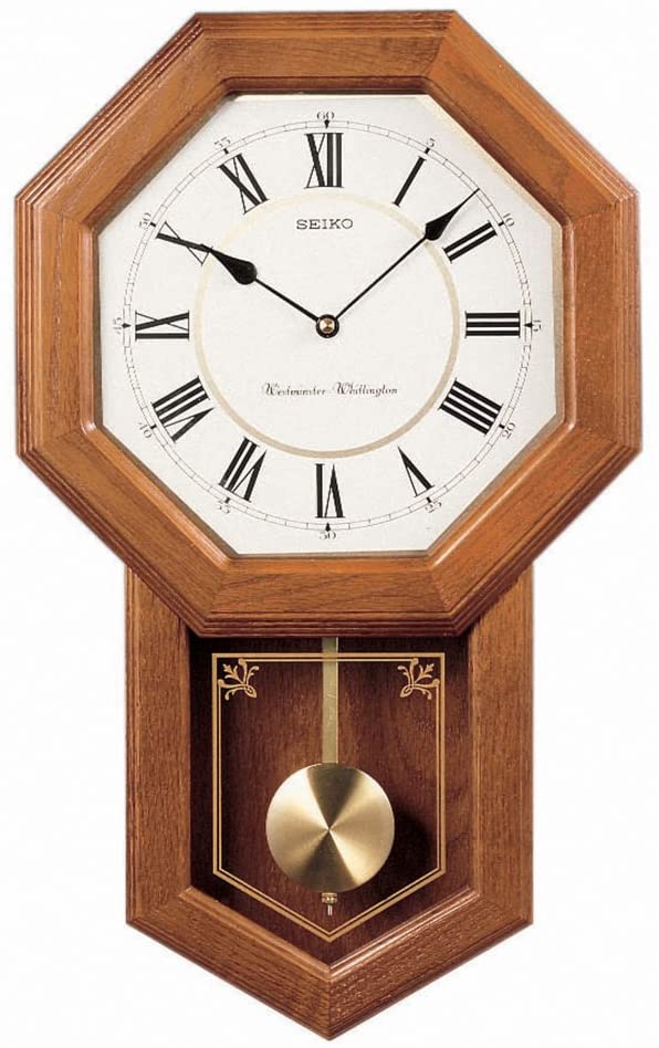 Seiko Light Oak Traditional Schoolhouse Wall Clock with Chime & Pendulum