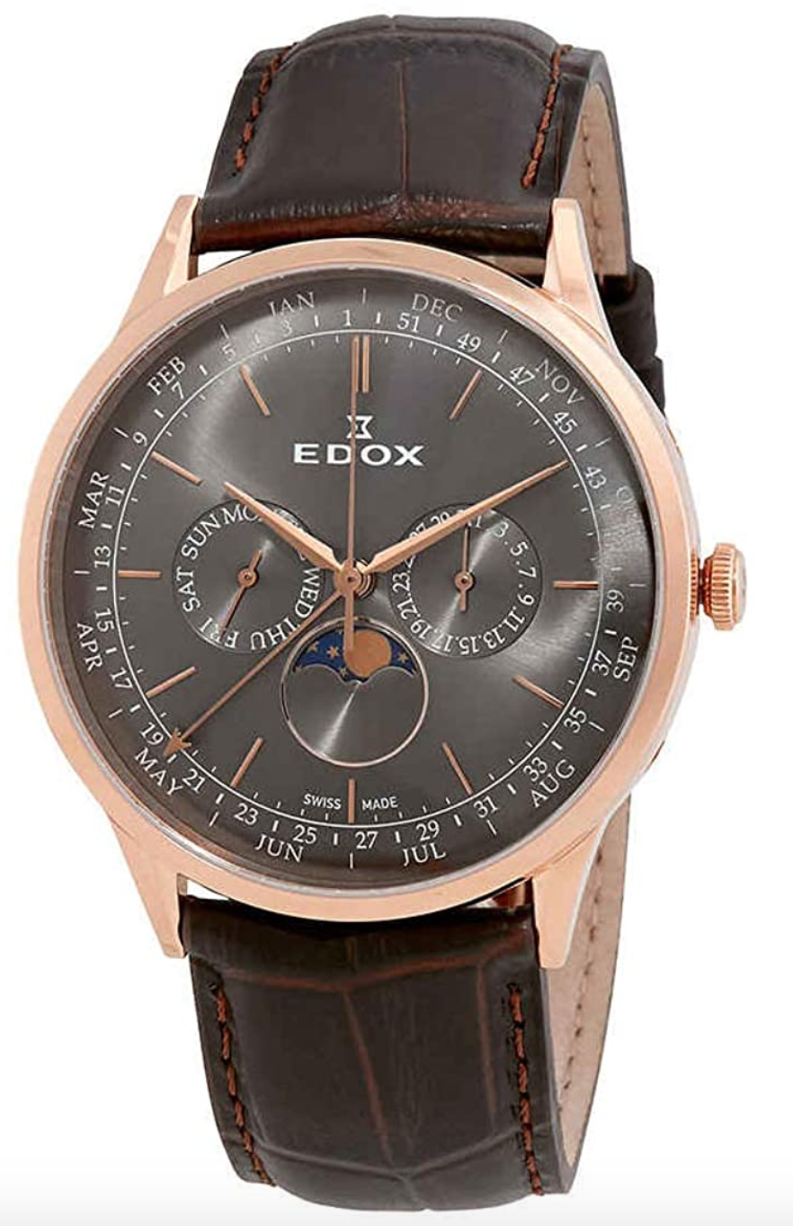 Edox Les Vauberts Moonphase Grey Dial Brown Leather Men's Watch 40101 37RC Gir