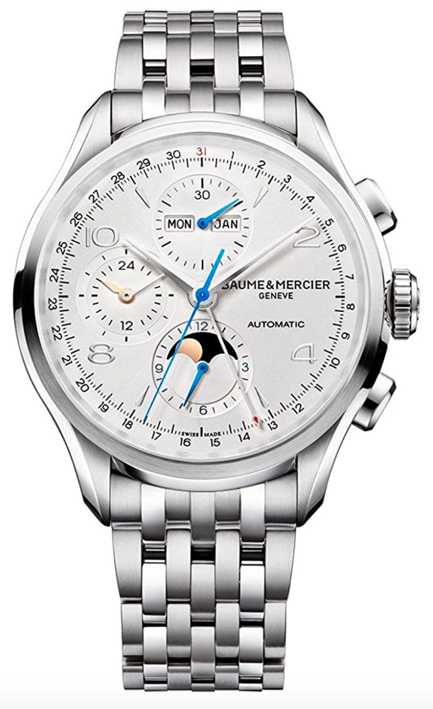 Baume & Mercier Clifton Mens 43mm Stainless Steel Automatic Chronograph Watch - Silver Face Full Calendar Moon Phase Swiss Watch For Men 10328