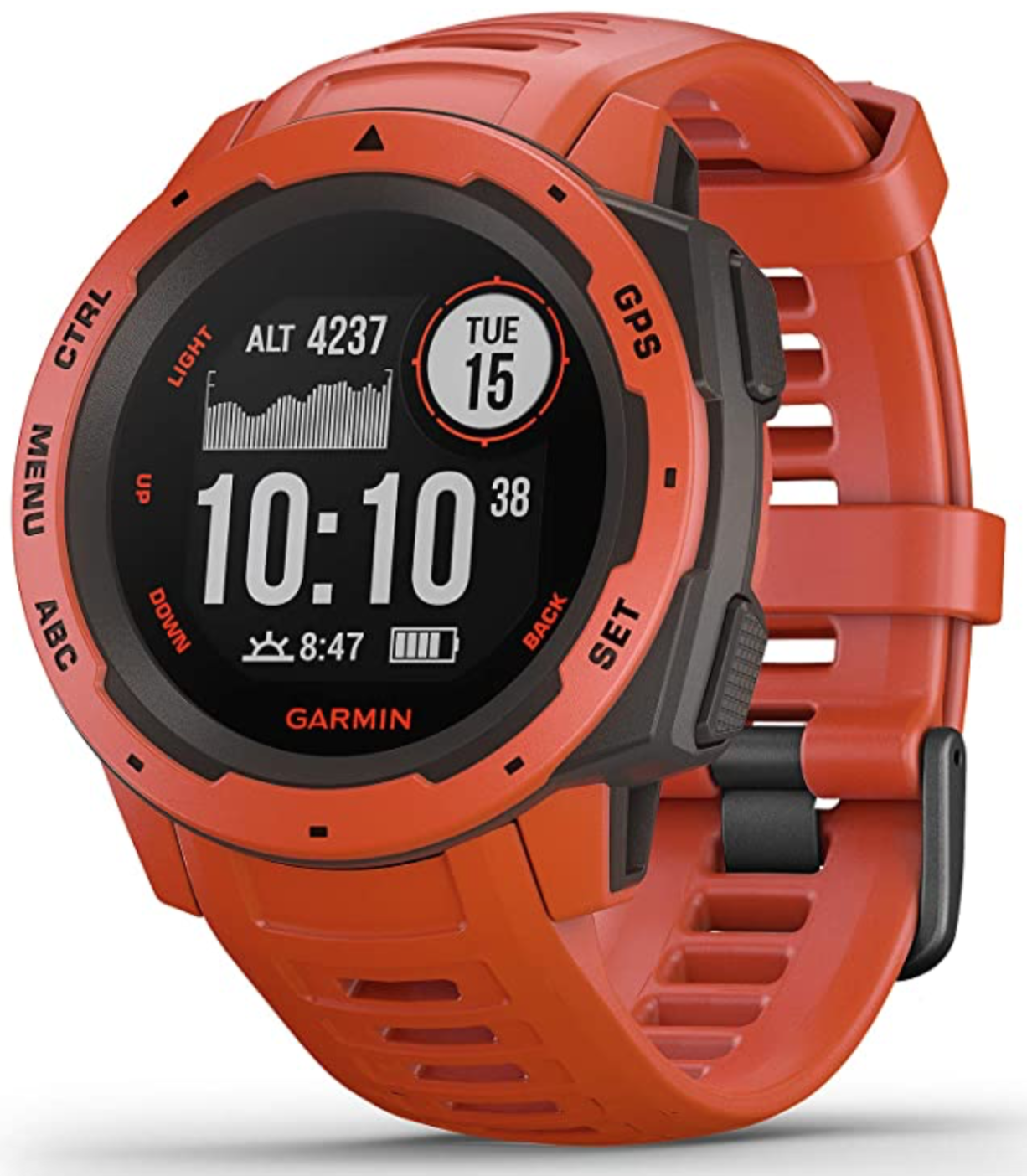 Garmin Instinct, Rugged Outdoor Watch with GPS, Features GLONASS and Galileo, Heart Rate Monitoring and 3-Axis Compass, Flame Red