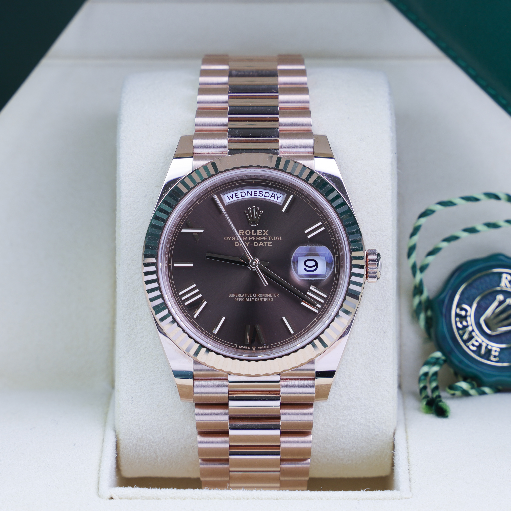 Rolex Day Date 40 Rose Gold 228235 Brown Chocolate Dial Unworn 2021